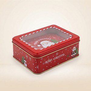Lata de Natal de Metal com Visor - Vermelha Papai Noel e Amigos - 13x10x5cm - 1 unidade - Rizzo