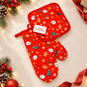 Kit Luva e Pegador Cozinha - Natal - Vermelha - 25x17cm - 1 unidade - Rizzo