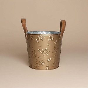 Cachepot de Metal com Alça - Neve, Árvore e Rena - Dourado - 22x19cm - 1 unidade - Cromus - Rizzo