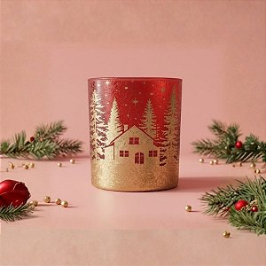 Porta Velas de Vidro de Natal - Pinheiros e Casas - Vermelho e Ouro - 160ml - 1 unidade - Cromus - Rizzo
