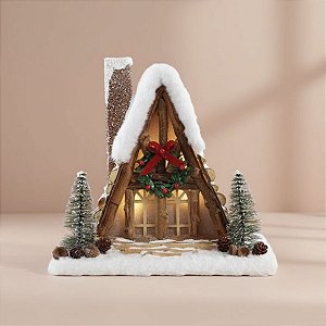 Casinha Decorativa de Natal com LED - Marrom e Branco - 27cm - 1 unidade - Cromus - Rizzo