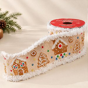 Fita Aramada Decorada de Natal - Vila GingerBread - 6,3cm x 2,74m  - 1 unidade - Rizzo