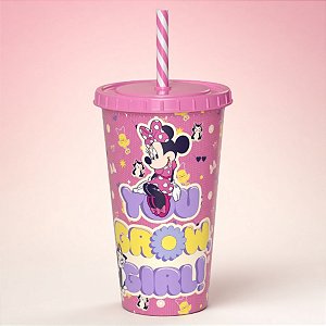 Copo de Plástico com Tampa e Canudo - Minnie Mouse - Rosa - 500ml - 1 unidade - Disney Original - Rizzo