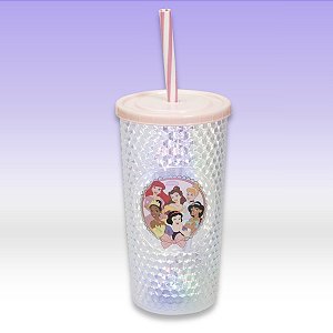 Copo de Plástico com Tampa, Canudo e LED - Princesas Disney - Rosa Claro - 490ml - 1 unidade - Disney Original - Rizzo
