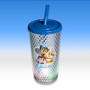 Copo de Plástico com Tampa, Canudo e LED - Patrulha Canina Meninos - Azul Escuro - 490ml - 1 unidade - Plasútil - Rizzo