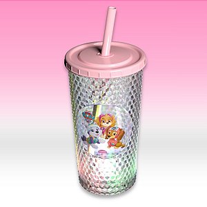 Copo de Plástico com Tampa, Canudo e LED - Patrulha Canina Meninas - Rosa - 490ml - 1 unidade - Plasútil - Rizzo