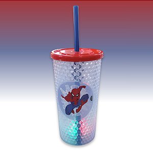 Copo de Plástico com Tampa, Canudo e LED - Homem Aranha - Vermelho - 490ml - 1 unidade - Disney Original - Rizzo