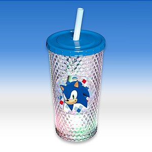 Copo de Plástico com Tampa, Canudo e LED - Sonic - Azul - 490ml - 1 unidade - Plasútil - Rizzo