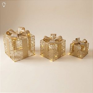 Caixa de Presente Decorativa com Laço com Led - Ouro - 3 unidades - Cromus - Rizzo