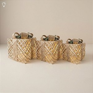 Caixa de Presente Decorativa com Laço com Led - Ouro e Prata - 3 unidades - Cromus - Rizzo