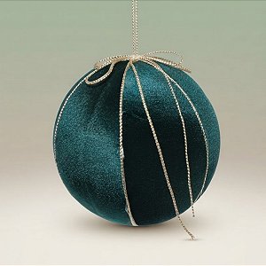 Bola de Natal - Veludo Verde e Laço Ouro - 15x15x15cm - 1 unidade - Cromus - Rizzo