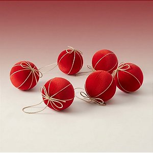 Bola de Natal - Veludo Vermelho e Laço Ouro - 8x8x8cm - 6 unidades - Cromus - Rizzo