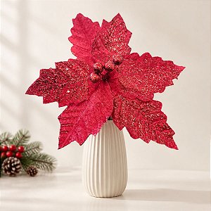 Poinsétia Decorativa - Vermelho com Glitter - 43cm - 1 unidade - Cromus - Rizzo