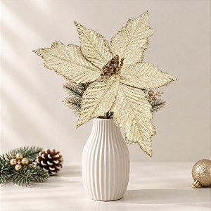 Poinsétia Decorativa - Branco com Glitter Dourado - 43cm - 1 unidade - Cromus - Rizzo