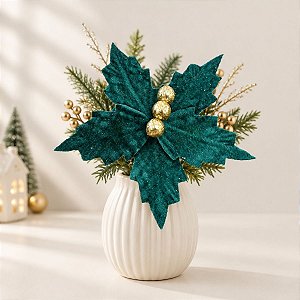 Poinsétia Decorativa - Verde Escuro Veludo - 19cm - 1 unidade - Cromus - Rizzo