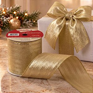 Fita Aramada Decorativa de Natal - Veludo Ouro - 10cm x 4,57m - 1 unidade - Cromus - Rizzo