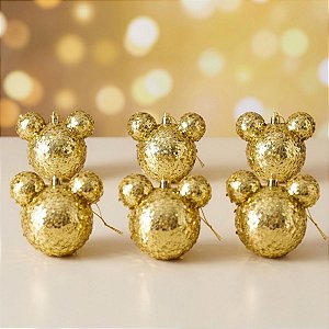 Bola de Natal - Mickey - Glitter Flocado Dourada - 6cm - Disney Original - 6 unidades - Cromus - Rizzo