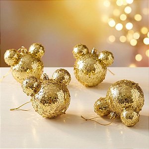 Bola de Natal - Mickey - Glitter Flocado Dourada - 8cm - Disney Original - 4 unidades - Cromus - Rizzo