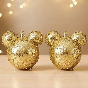 Bola de Natal - Mickey - Glitter Flocado Dourada - 10cm - Disney Original - 2 unidades - Cromus - Rizzo