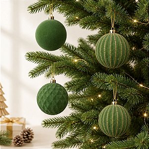 Bola de Natal - Losango Flocada - Verde e Ouro - 10cm  - 4 unidades - Cromus - Rizzo