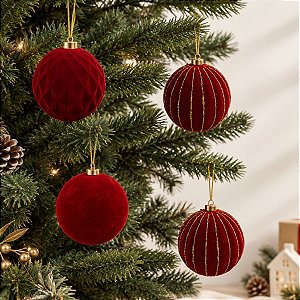 Bola de Natal - Losango Flocada - Bordô e Ouro - 10cm  - 4 unidades - Cromus - Rizzo