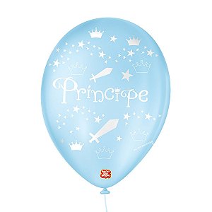 Balão de Festa Decorado Principe - Azul Baby e Branco 9" 23cm - 25 Unidades - Balões São Roque - Rizzo Balões