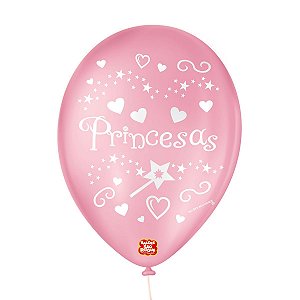Balão de Festa Decorado Princesas - Rosa Tutti Frutti e Branco 9" 23cm - 25 Unidades - Balões São Roque - Rizzo Balões