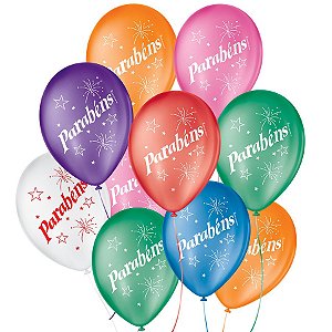 Balão de Festa Decorado Parabéns - Sortido 9" 23cm - 25 Unidades - Balões São Roque - Rizzo Balões