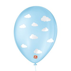 Balão de Festa Decorado Nuvenzinhas - Azul Baby e Branco 9" 23cm - 25 Unidades - Balões São Roque - Rizzo Balões
