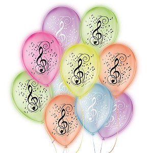 Balão de Festa Decorado Neon Musica - Sortido 9" 23cm - 25 Unidades - Balões São Roque - Rizzo Balões