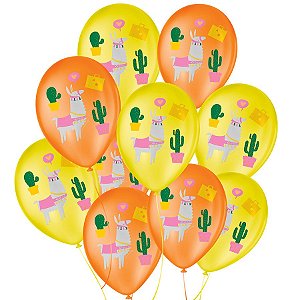 Balão de Festa Decorado Lhama Amarelo e Laranja - Sortido 9" 23cm - 25 Unidades - Balões São Roque - Rizzo Balões