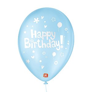 Balão de Festa Decorado Happy Birthday - Azul Baby 9" 23cm - 25 Unidades - Balões São Roque - Rizzo Balões