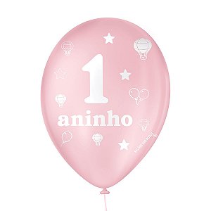 Balão de Festa Decorado 1 Aninho - Rosa Baby e Branco Polar - Balões São Roque - Rizzo