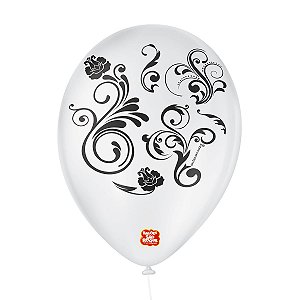 Balão de Festa Decorado Arabesco - Branco Polar e Preto Ébano - Balões São Roque - Rizzo