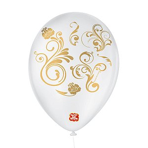 Balão de Festa Decorado Arabesco - Branco Polar e Dourado - Balões São Roque - Rizzo