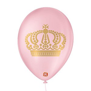 Balão de Festa Decorado Coroa - Rosa Baby e Dourado 9" 23cm - 25 Unidades - Balões São Roque - Rizzo Balões