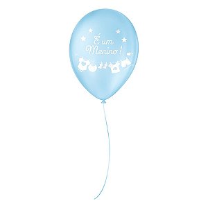 Balão de Festa Decorado Chá de Bebê - Azul Baby e Branco 9" 23cm - 25 Unidades - Balões São Roque - Rizzo Balões