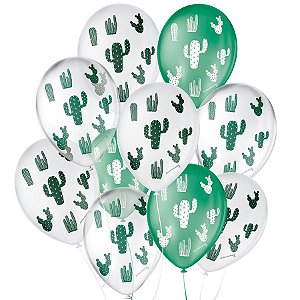 Balão de Festa Decorado Cacto - Branco Verde e Cristal Sortido 9" 23cm - 25 Unidades - Balões São Roque - Rizzo Balões