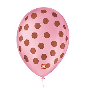 Balão de Festa Decorado Poá Bolinha - Rosa Tutti Frutti e Marrom 9" 23cm - 25 Unidades - Balões São Roque - Rizzo Balões