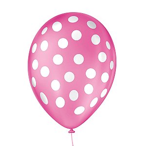 Balão de Festa Decorado Poá Bolinha - Rosa Shock e Branco 9" 23cm - 25 Unidades - Balões São Roque - Rizzo Balões