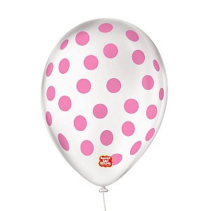 Balão de Festa Decorado Poá Bolinha - Branco e Rosa 9" 23cm - 25 Unidades - Balões São Roque - Rizzo Balões