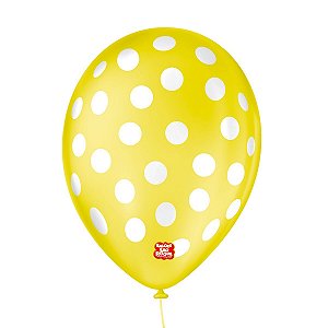 Balão de Festa Decorado Poá Bolinha - Amarelo e Branco 9" 23cm - 25 Unidades - Balões São Roque - Rizzo Balões
