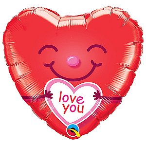 Balão de Festa Microfoil 18" 45cm - Coração I Love You Sorridente - 01 Unidade - Qualatex - Rizzo Balões