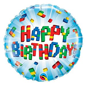 Balão de Festa Microfoil 18" 45cm - Happy Birthday Blocos - 01 Unidade - Qualatex - Rizzo Balões
