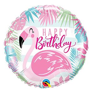 Balão de Festa Microfoil 18" 45cm - Happy Birthday Flamingo - 01 Unidade - Qualatex - Rizzo Balões