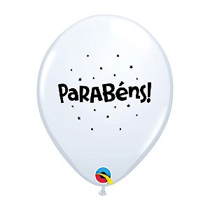 Balão de Festa Decorado Parabéns 11" 28cm - Branco - 6 Unidades - Qualatex - Rizzo Balões