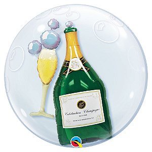 Balão de Festa Bubble Duplo 24" 60cm - Garrada de Champagne  e Taça - 01 Unidade - Qualatex - Rizzo Balões