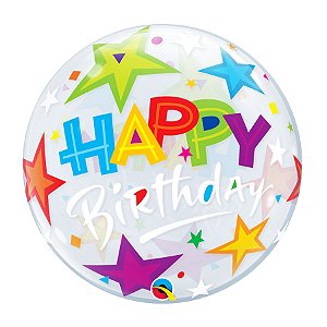 Balão de Festa Bubble 22" 56cm - Happy Birthday Estrelas - 01 Unidade - Qualatex - Rizzo Balões