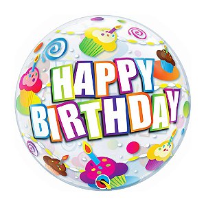 Balão de Festa Bubble 22" - Birthday Cupcakes Coloridos - 01 Unidade - Qualatex - Rizzo Balões