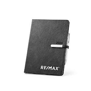 Agenda RE/MAX em couro sintético com caneta e capa em tnt 245x175cm